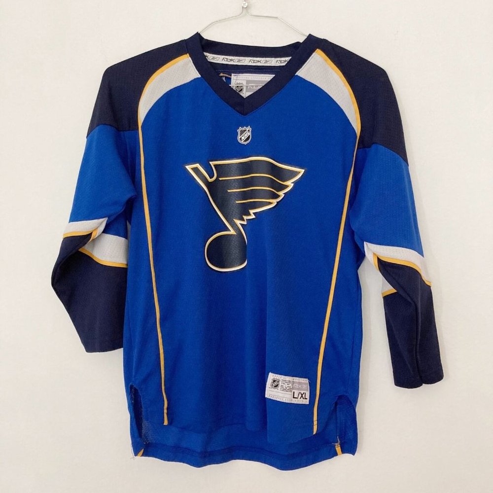 NHL Reebok St. Louis Jazz Jersey Boy's Size Large/XL Blue Round Hem 3/4 Sleeve